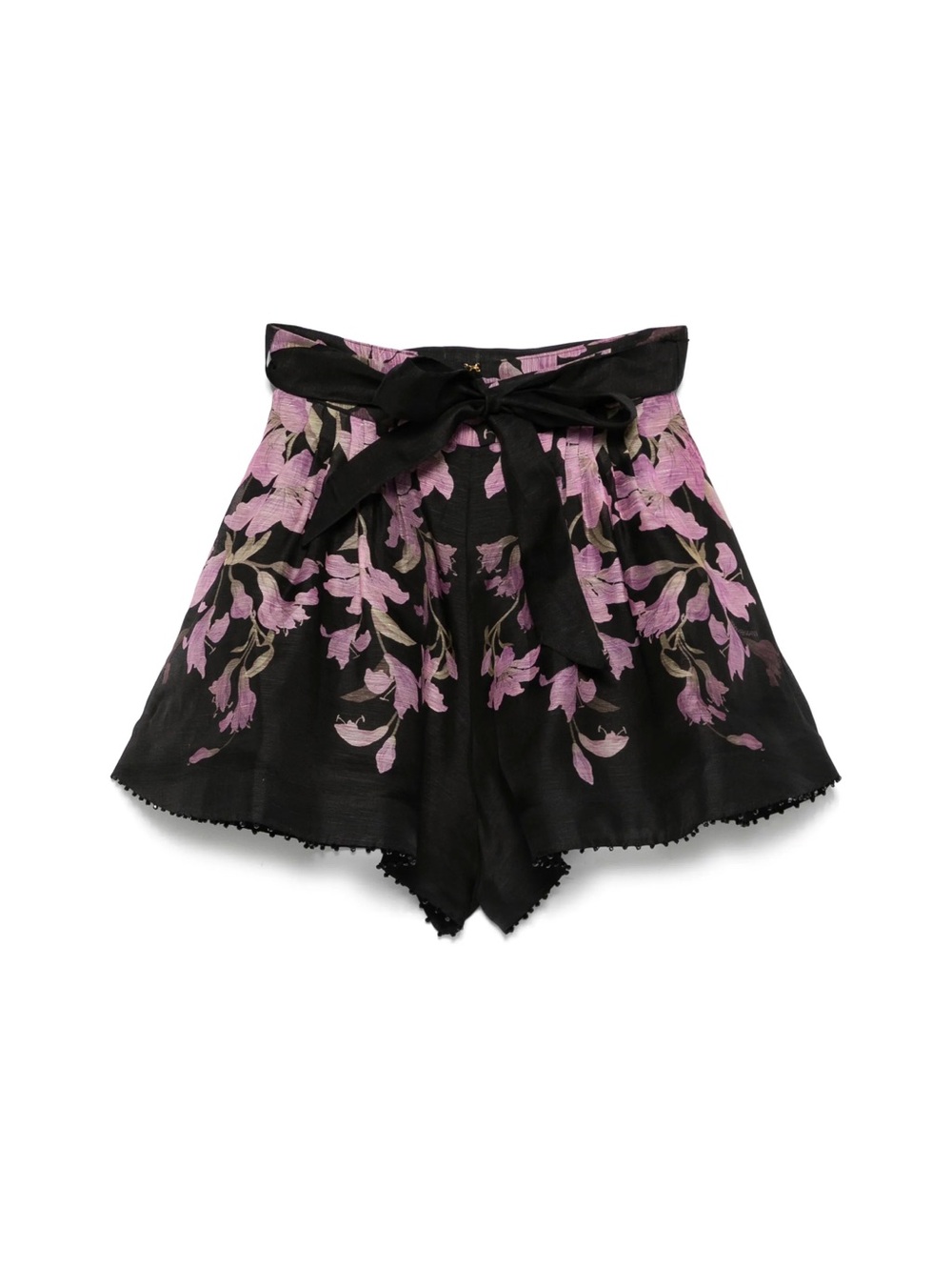 Zimmermann Black Shorts with Pink Floral Embroidery and Self-Tie Waist